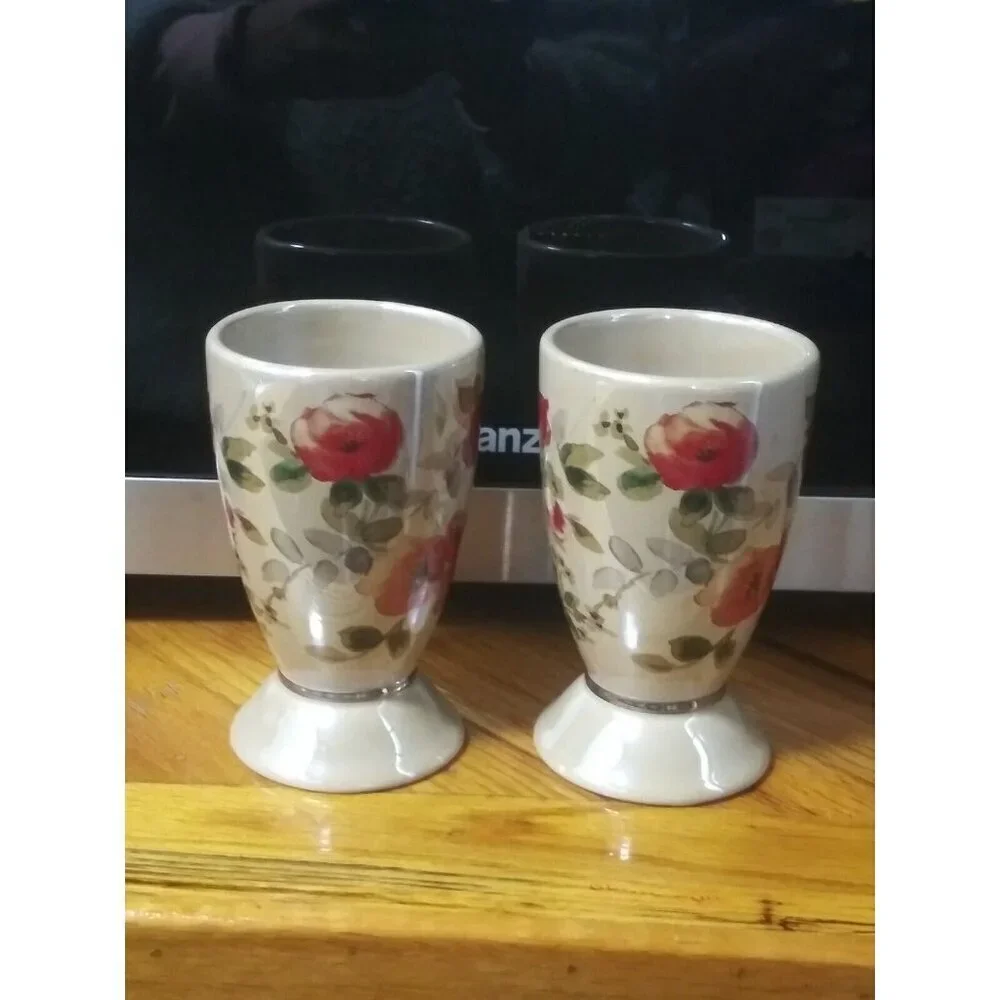 2 Lenox Bathroom Tumblers Wamsutta Springs Floral glazed Ceramic taupe beige